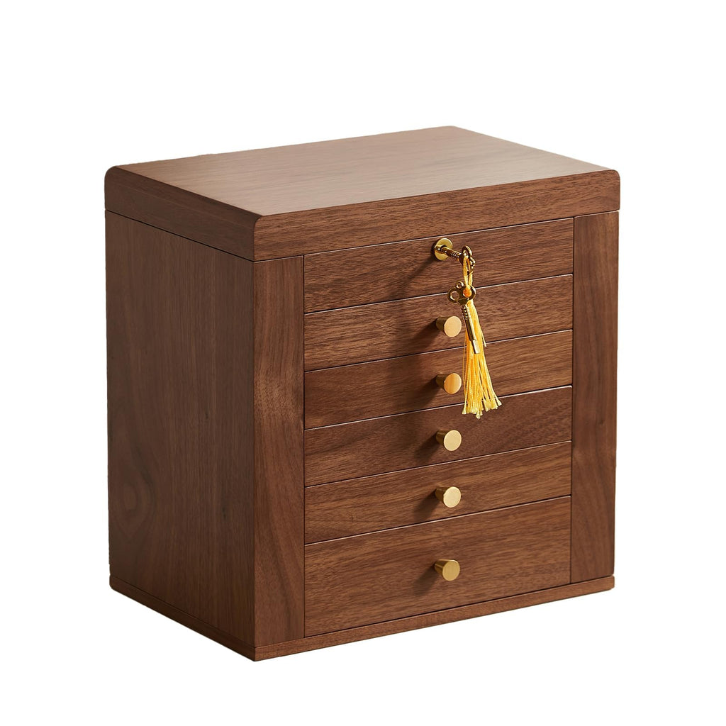 Walnut Jewellery Box with Mirror, 6-Layer Wooden Jewellery Organiser with Lock & Side Doors