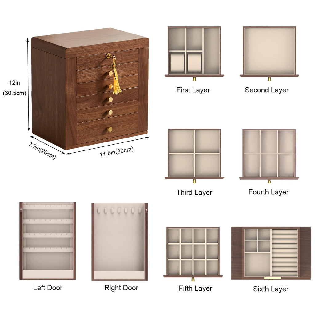 Walnut Jewellery Box with Mirror, 6-Layer Wooden Jewellery Organiser with Lock & Side Doors