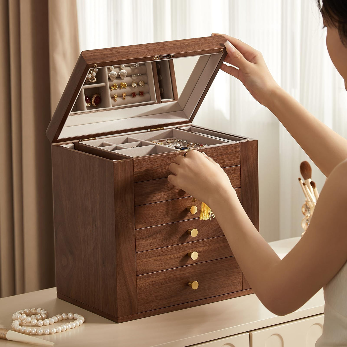 Walnut Jewellery Box with Mirror, 6-Layer Wooden Jewellery Organiser with Lock & Side Doors
