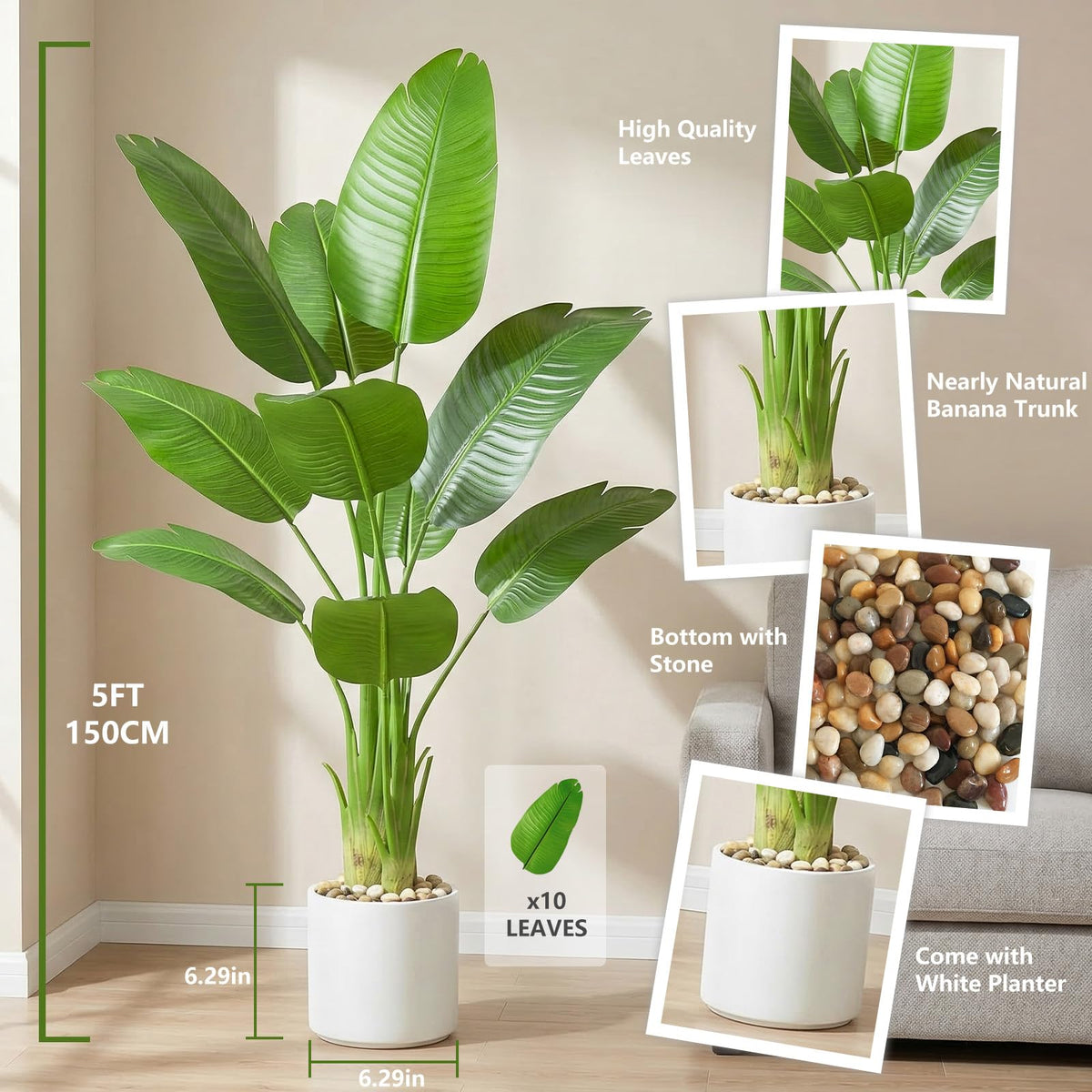 Artificial Bird of Paradise Plants,5FT Large Fake Plant with White Planter